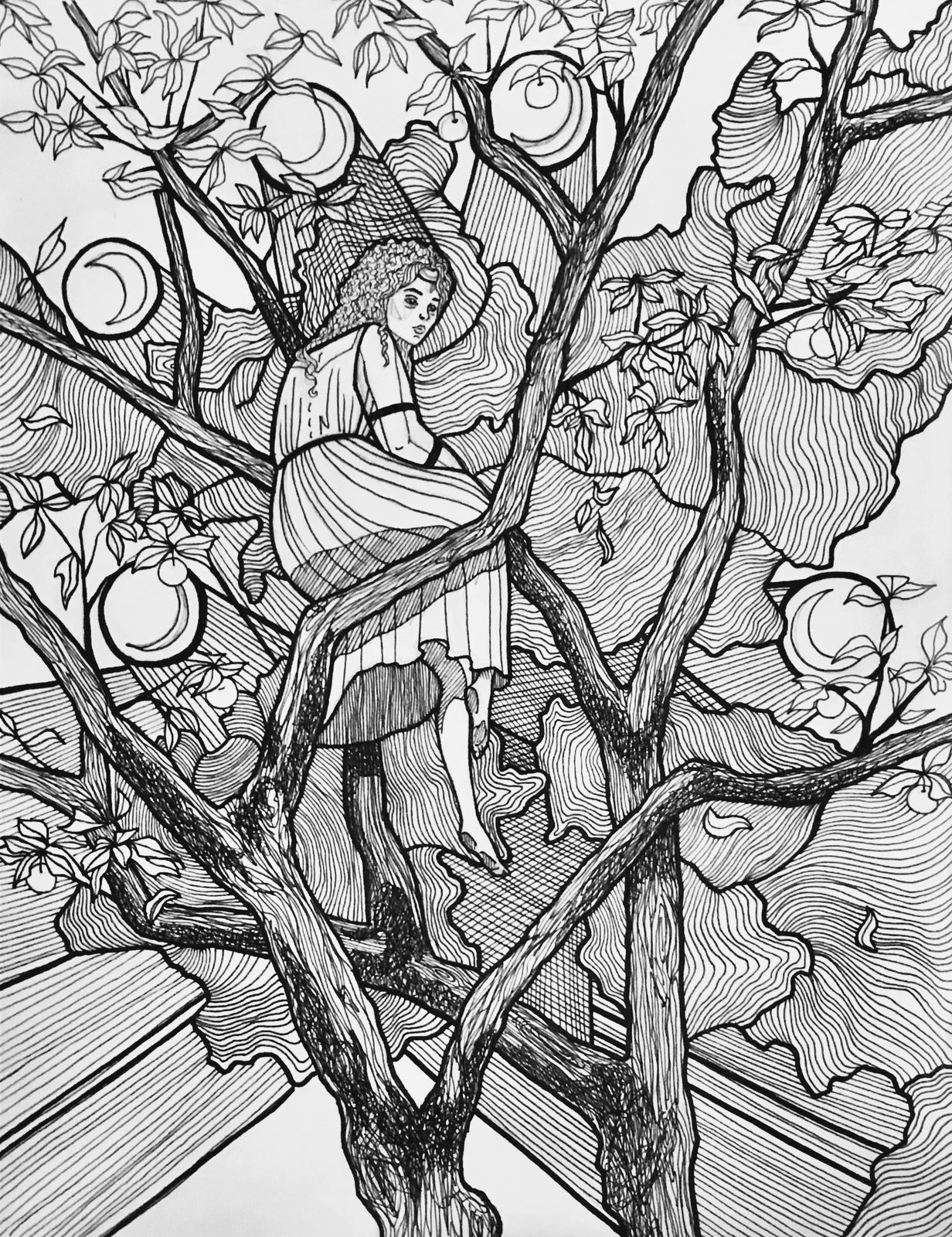 Niña en el manzano — Tinta sobre papel