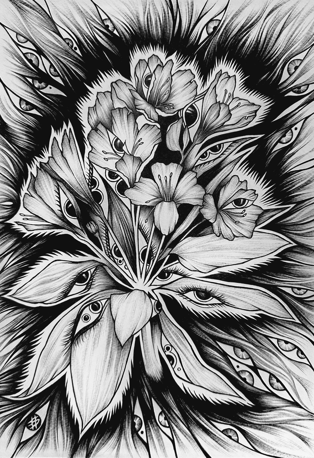 Ramo de ojos — Tinta y grafito sobre papel