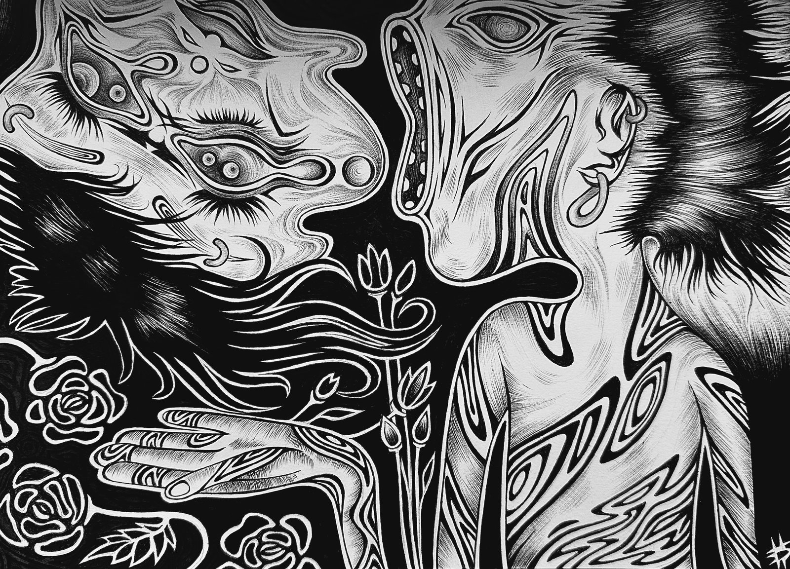 Faces and Roses — Ink on paper